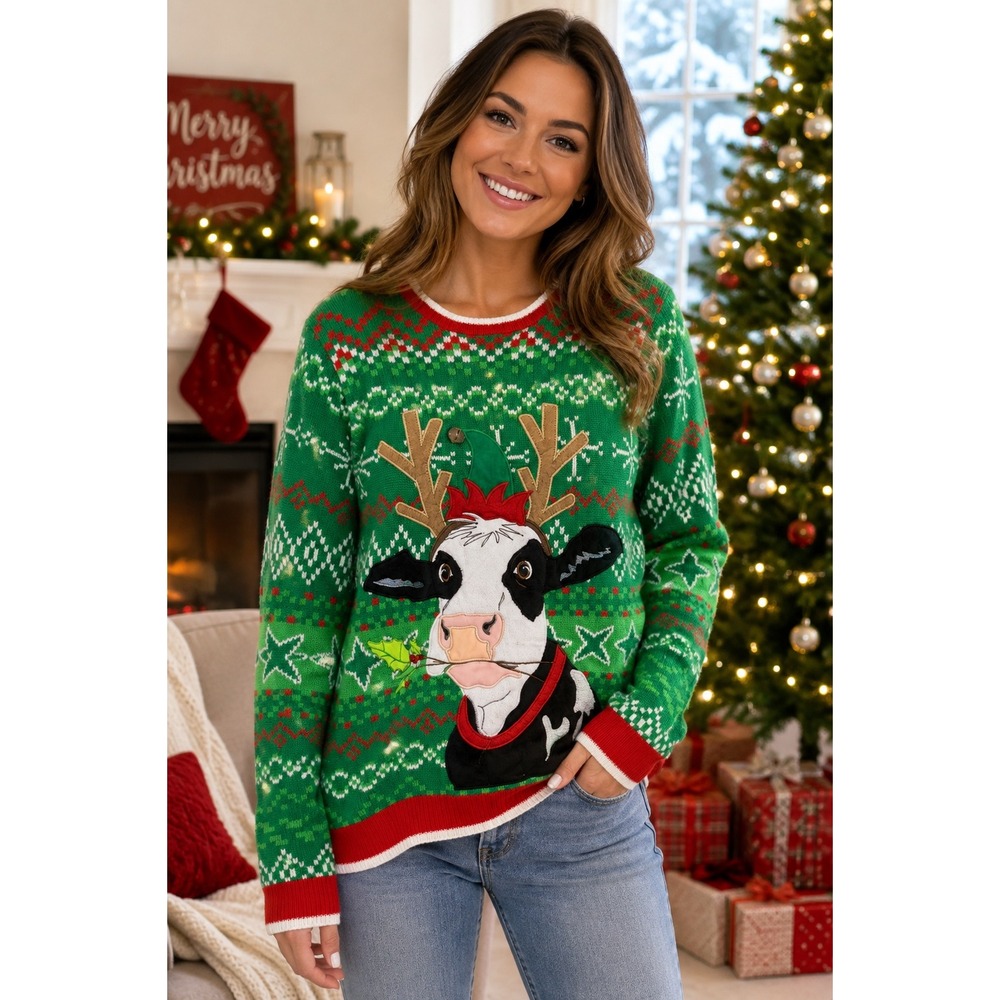 Holiday Time Womens Size Medium Ugly Christmas Sweater Cow Reindeer Green Winter